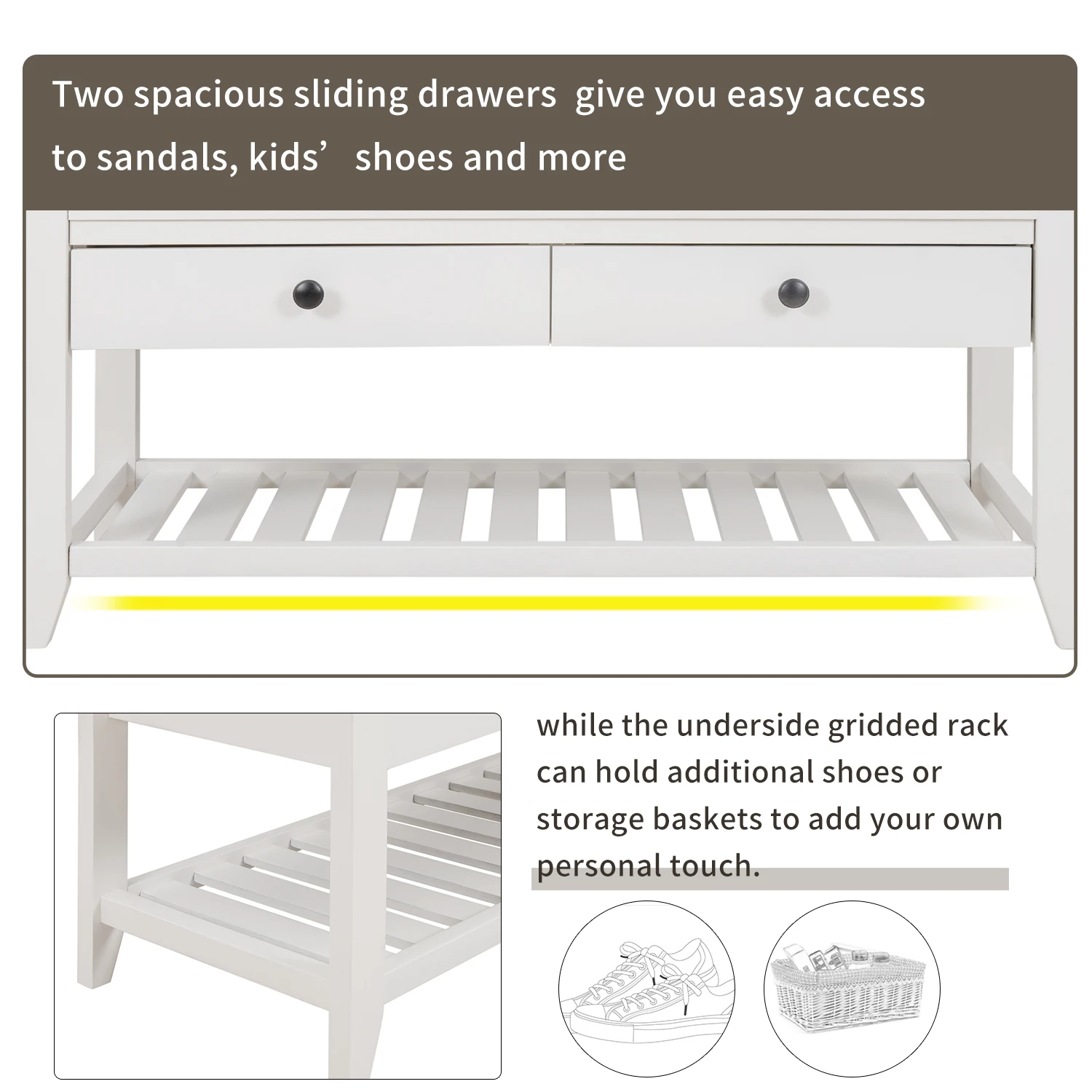 Banc de rangement polyvalent pour entrée, chaussure T1 avec baume rembourré, siège et égouts de proximité, blanc