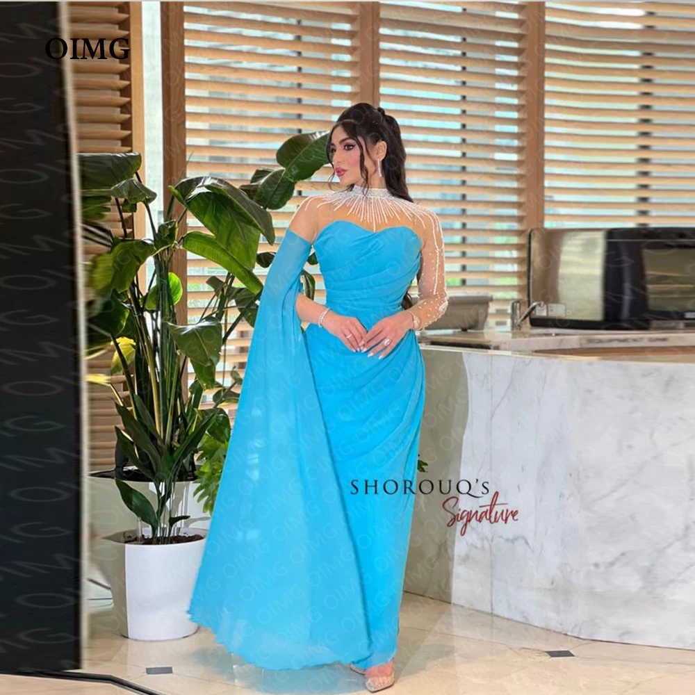 

OIMG Special Blue Shiny Beads Formal Evening Dresses Full Sleeves High Neck Sequins Custom Prom Gowns Night Club Dress Vestidos