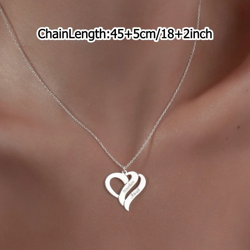 Custom Two Name Heart Necklace for Women,304 Stainless Steel Intertwined Heart Personalized Engraved Pendant Love Jewelry