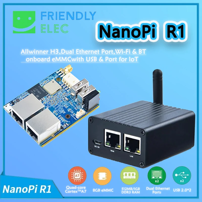 

NanoPi R1 1GB RAM 8GB eMMC Allwinner H3 Gbps Ethernet Wifi Bluetooth OpenWRT cortex-A7 FriendlyELEC 5V2A EU/US Power Optional