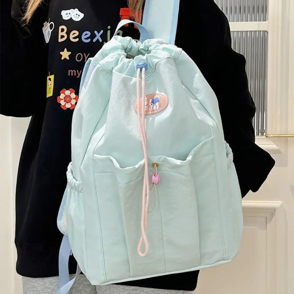 Solid Color Fresh Color Drawstring Backpack Nylon Large Capacity Students School Bag Korean Style Travel Bag Shoulder Bag