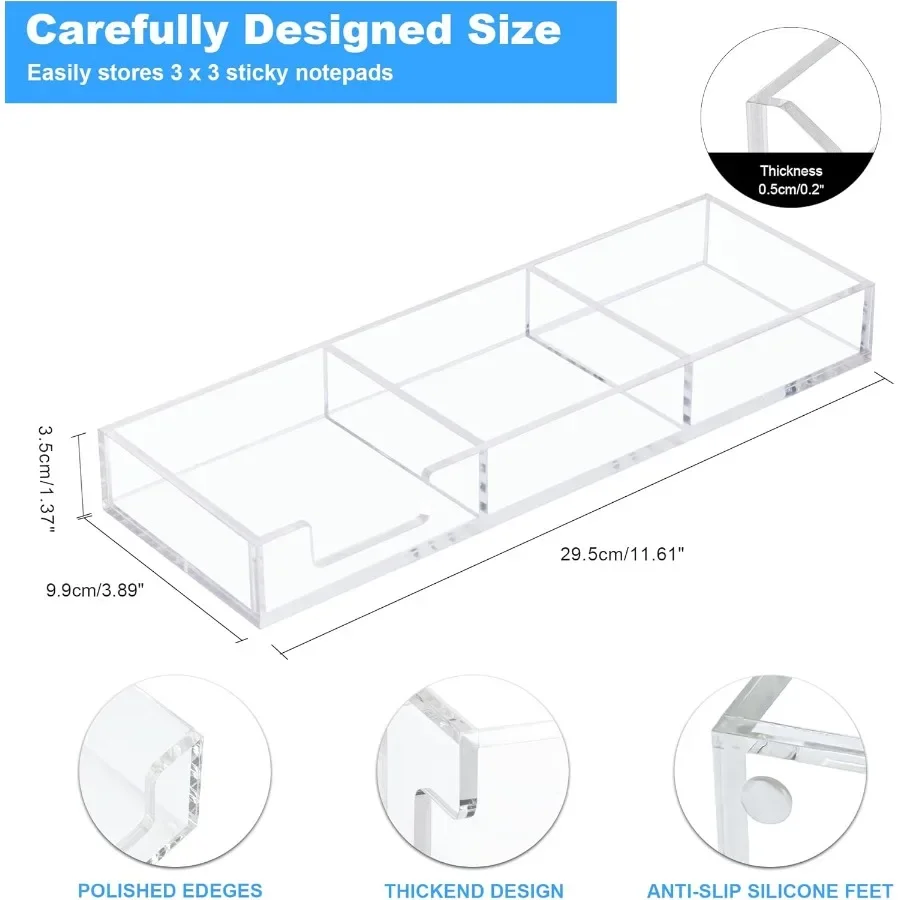 付箋ホルダー 3 in 1 クリアアクリル製 自己粘着メモパッドホルダー デスクオーガナイザー 学校 オフィス 家庭用 ポストイット ディスペンサー