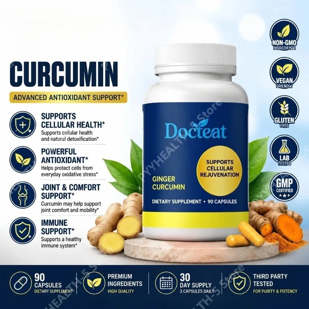 Docteat Curcumin Capsules with Ginger for Unisex Adults, Supports Comfort and Balance, Plant-based Formula, 90 CT