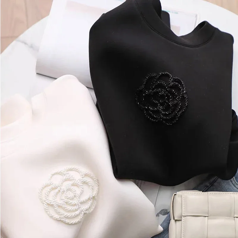 Fashion Black White O Neck Sweatshirt Patchwork Top Autumn Winter Kawaii Flower Long Sleeve Comfort Casual