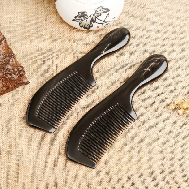 Natural Buffalo Horn Comb Fine Teeth Anti Static Massage Hair Comb with Thickening Round Handle for Head Health Barber Comb