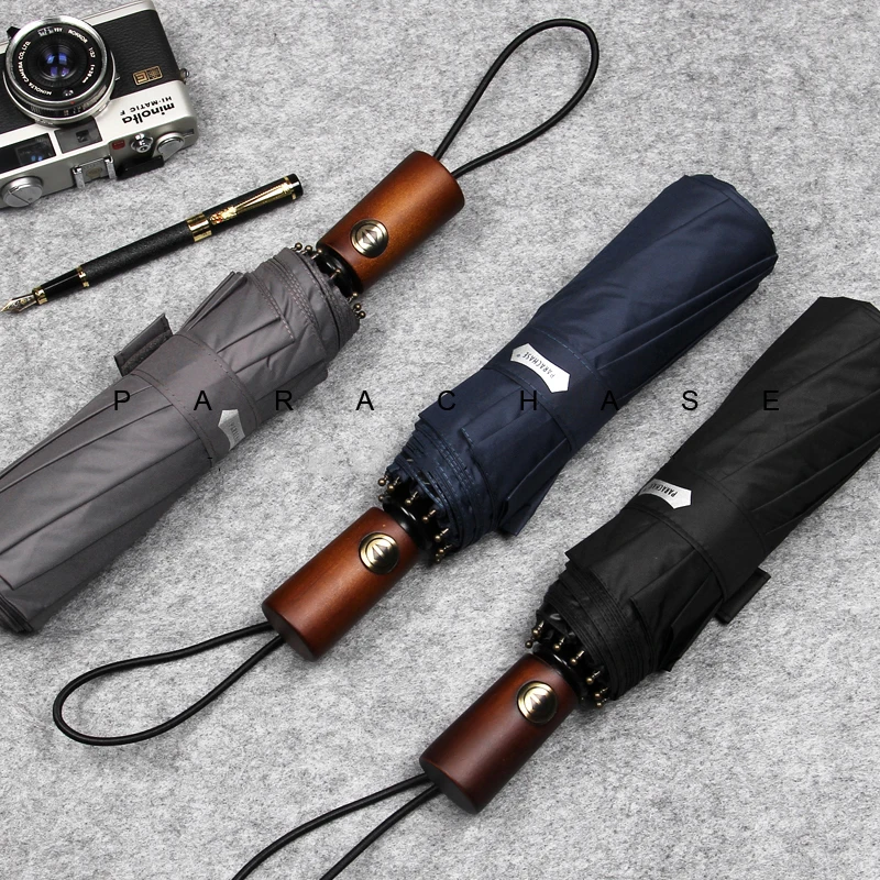 

PARACHASE Men's Rain Umbrella Automatic Business Style UV Protection Wooden Umbrella For Women 10K Windproof Outdoor Genuine