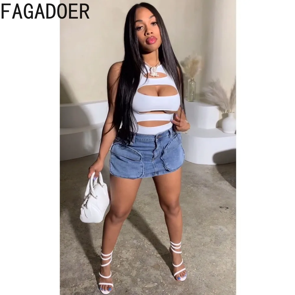 FAGADOER Spring New Fashion Pocket Cargo Denim Skirts Women High Waisted Button Skinny Mini Skirts Female Cowboy Bottoms 2024