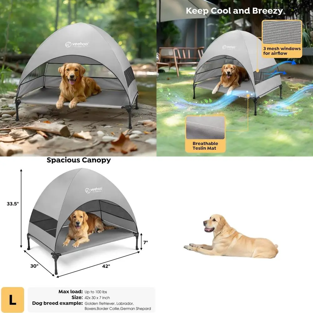 

Elevated Cooling Dog Cot with Removable Shade, Large Grey Outdoor Bed for Dogs, Suitable for Camping & Beach, CWC2411
