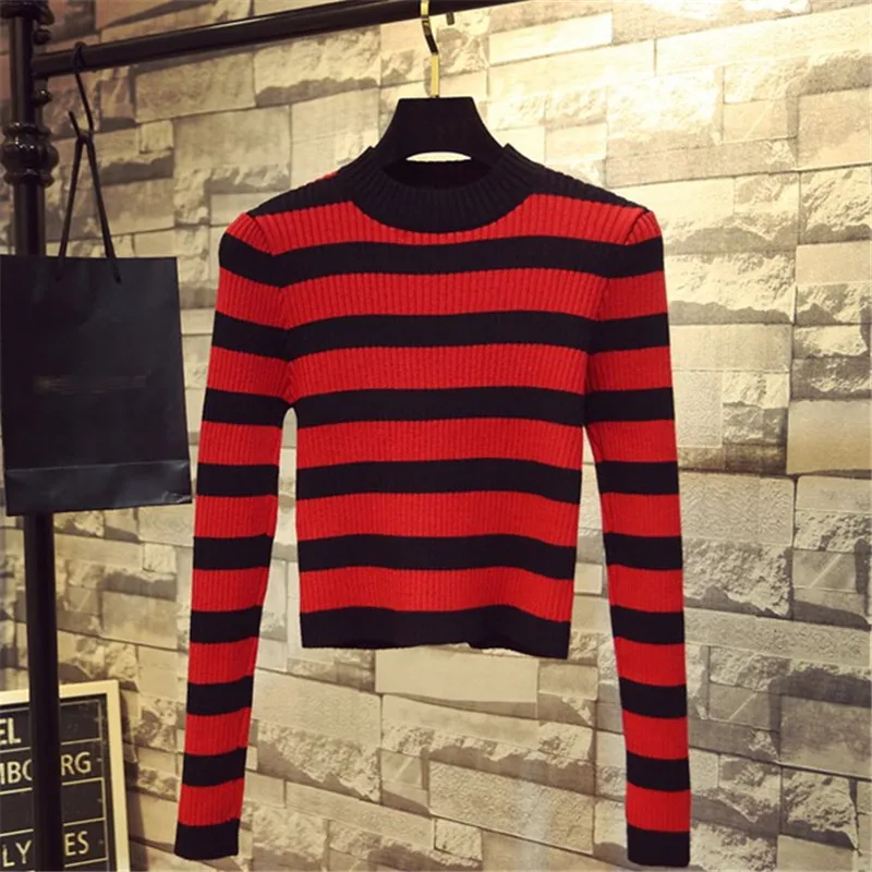 Neploe Autumn New Korean Women Sweater Half Turtleneck Slim Sueter Mujer Long Sleeve Striped Knitted Short Pullovers 68509