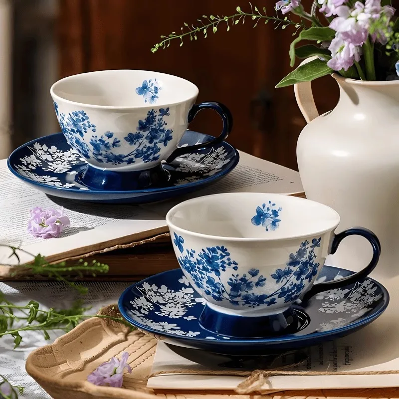 

Hand-Painted Porcelain Tea Set Traditional Gongfu Tea Cups Blue and White Porcelain Coffee Cup and Saucer