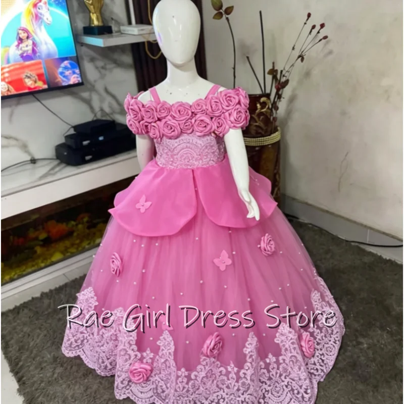 Baby Girl Birthday Dress Lace Pearls Infant Tutu Dress Princess Flower Girl Dress Cap Sleeve Long Party Gown