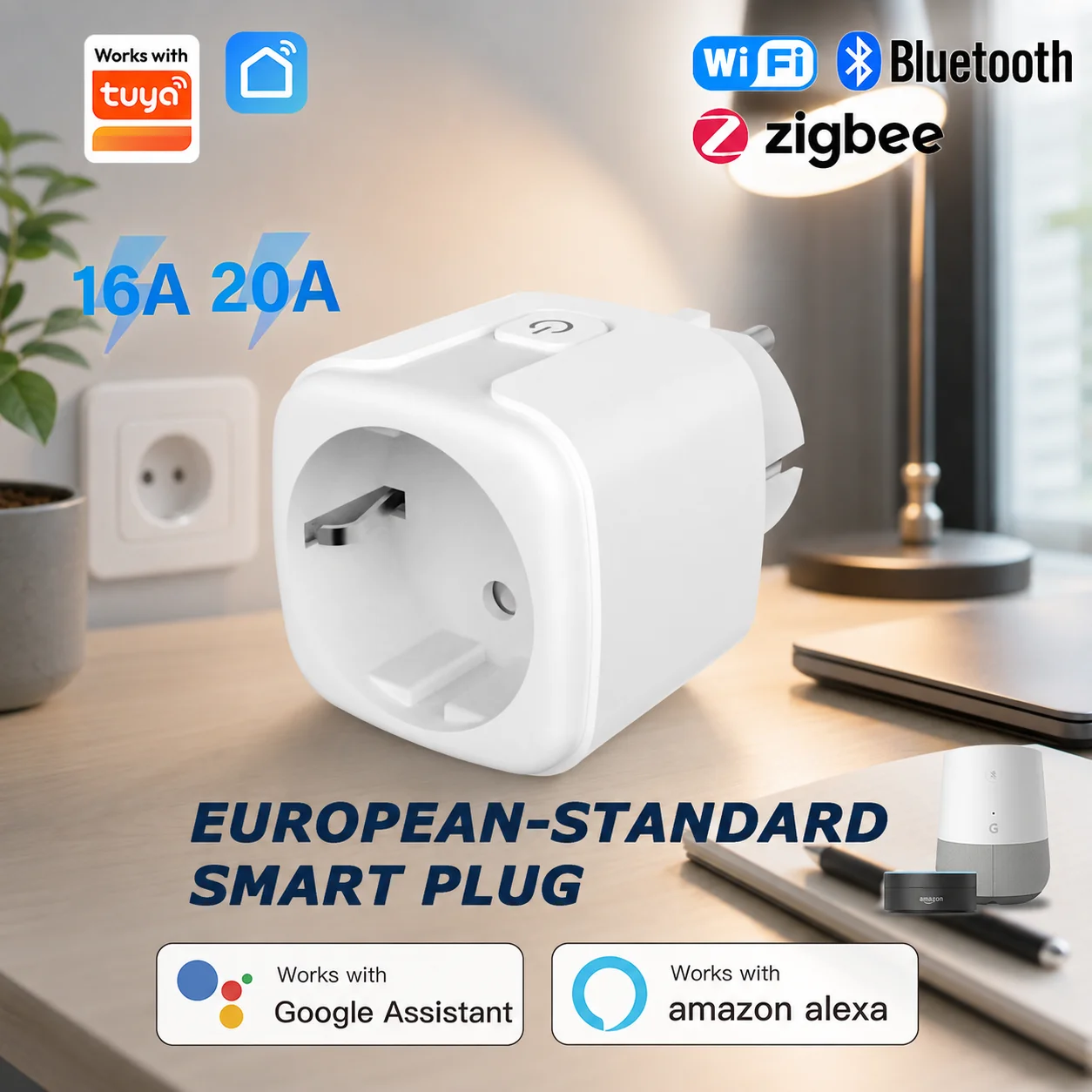 Tuya EU-Standard Smart Plug, Tuya Zigbee/Wi-Fi Connectivity, With Energy Monitoring, Ideal for Smart Homes
