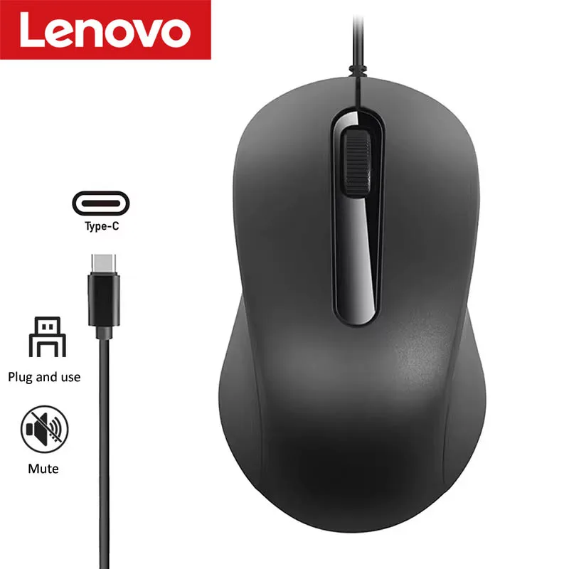 Lenovo Kabelgebundene Maus mit Typ-C-Anschluss, ergonomisches Design, Tablet, Notebook, Büro, optische, leise Maus für PC, Android, iOS