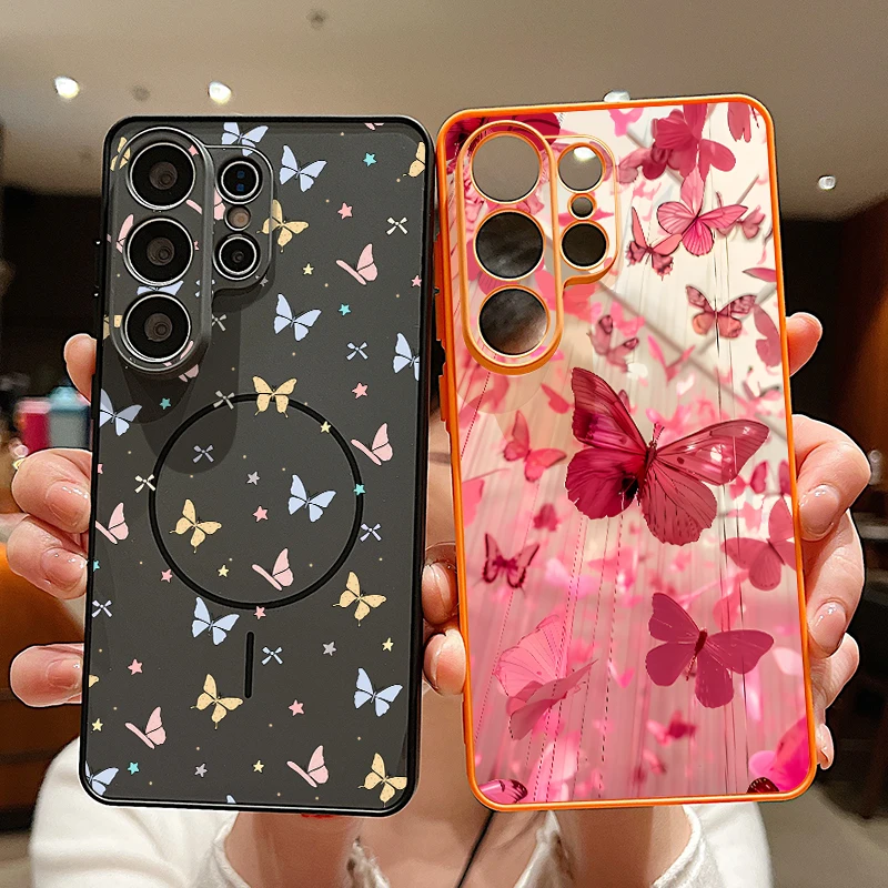 Butterfly Patterned Magnetic Phone Case For Samsung Galaxy S26 S25 S24 Ultra S25 S23 FE A57 A56 A37 A17 A55 A16 5G A36 A15 Cover