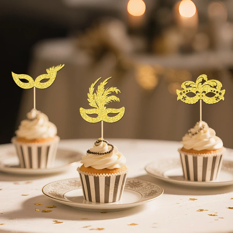 YOMDID 24 Stück Maskerade-Masken, Cupcake-Topper, glitzernde Bachelorette-Party, Cupcake-Picks, Maskerade, Karneval, Party-Dekorationen – Detail 10