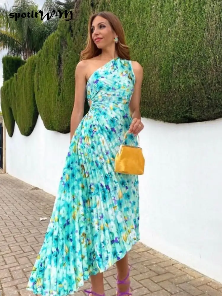 

Elegant Printed Pleated Diagonal Collar Maxi Dresses For Women Backless Sleeveless Irregular Dress Summer Lady Evening Vestidos