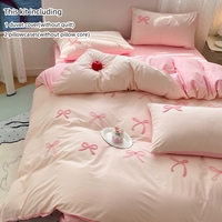 3 Piece Sheet Set  pink bowknot embroidery Quilt Set ， comfortable embroidery  Bedding Set Bedspread for All Season