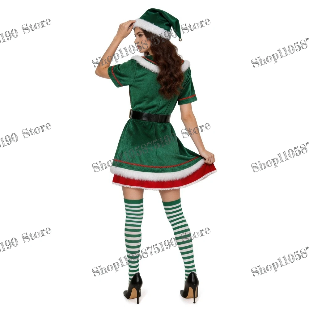 Christmas New Year Xmas Elf Costume Green Dress Hat Belt Full Set Women Men For Christmas Carnival Party Shows Outfits