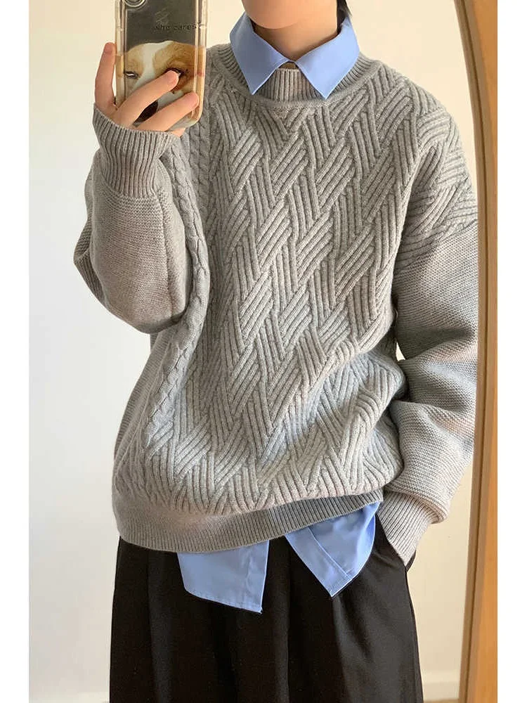 

Retro Japanese Sle Knitted Sweater round Ne Casual Loose Overhead Pure Color Woolen Coat for Men Autumn Winter