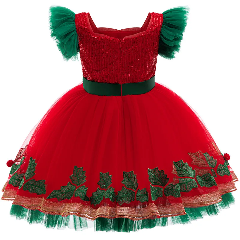 Christmas Girls Dress Leaf Embroidery Splicing Mesh Princess Dress For 3 4 5 6 8 10 Years Teen Girls Stylish Party Gown Dress