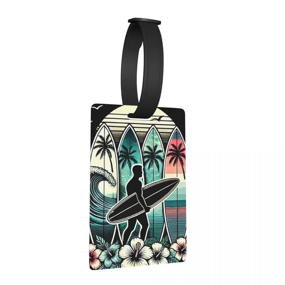

Surfboard With Tropical Palms And Hibiscus Flowers Luggage Tags Travel Fashion Baggage Boarding Tag Label Holder ID Name Address