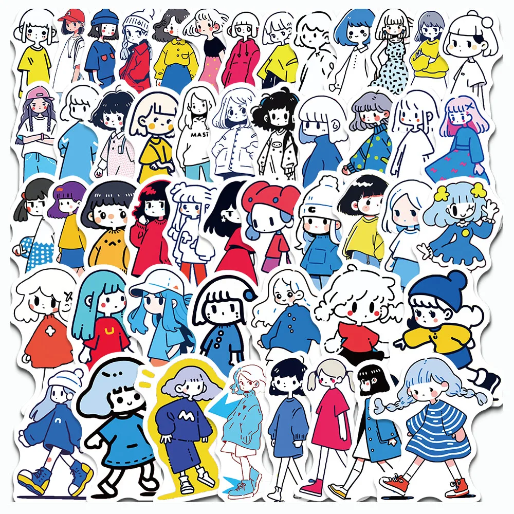 

50PCS Cartoon Simple Drawing Girl Stickers Daily Fashionable Dressing Decal For Laptop Fridge Luggage Children's Reward Stickers