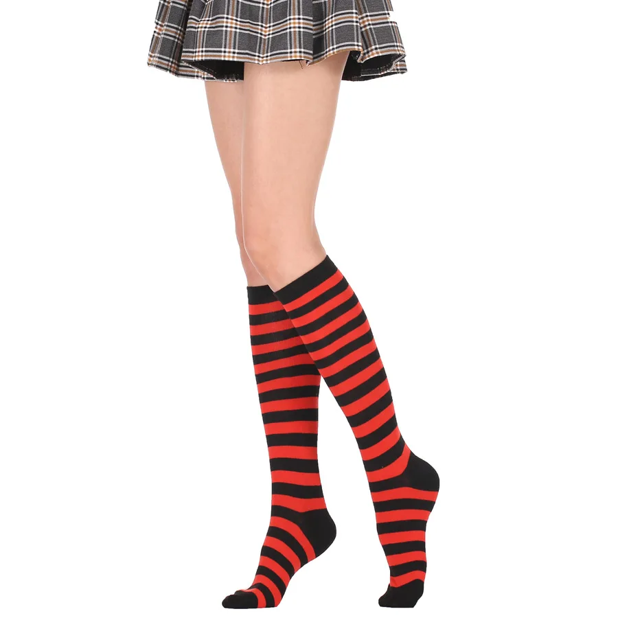 1 Paar kniehohe Damensocken, Oberschenkelsocken, niedlich, grün, weiß, rot, lila gestreift, sexy, schmal geschnittene, lange Röhrensocken – Detail 10