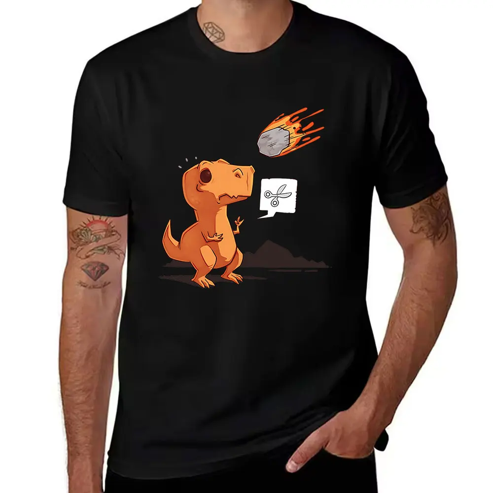 Men's Cotton Short Sleeve T-Shirt, Cute T-Rex vs Meteor Rock Paper Scissors Funny Graphic Tees for Dinosaur Lovers