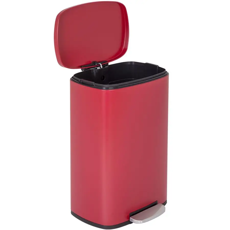 

13 Gallon Trash Can with Lid Red FingerprintProof Made of Brushed Stainless Steel SoftClose Step Pedal HandsFree Use Easy to Cle