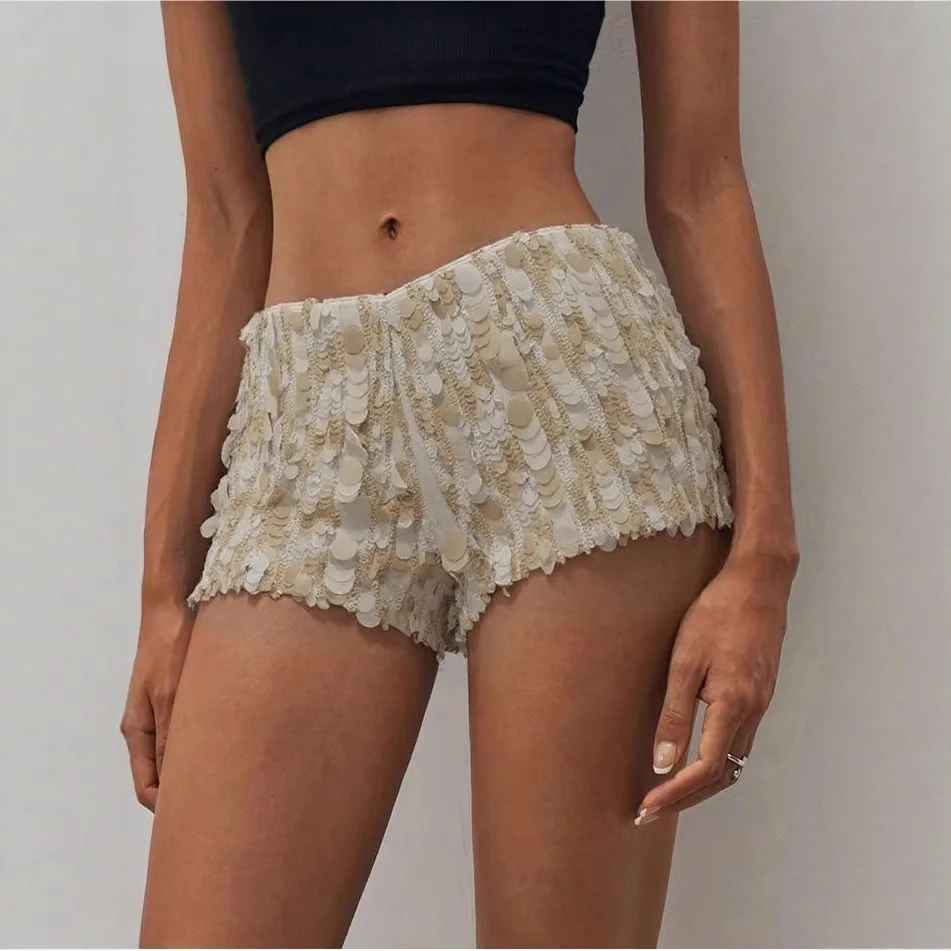 Apricot Sequin Shorts Women Sexy Y2k Fashion Lace Slim Fit High Waist Shorts 2026 Summer Low Elastic Waist Streetwear Boyshort