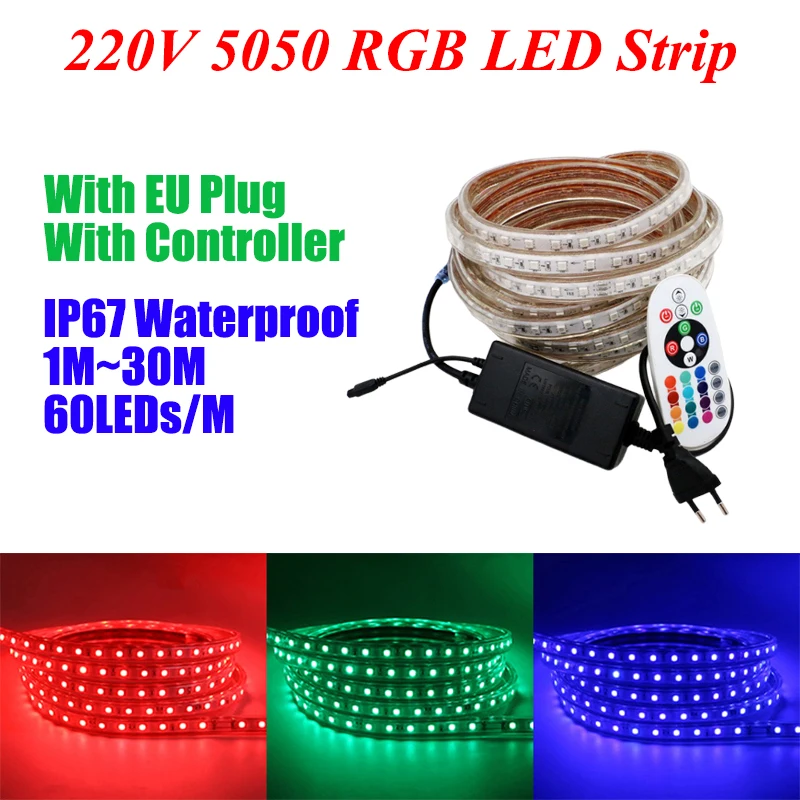 

220V 5050 RGB LED Strip Light Room Decoration LED Light Strips Outdoor Waterproof RGB LED Lighs 60LEDs/M With EU Plug Controller