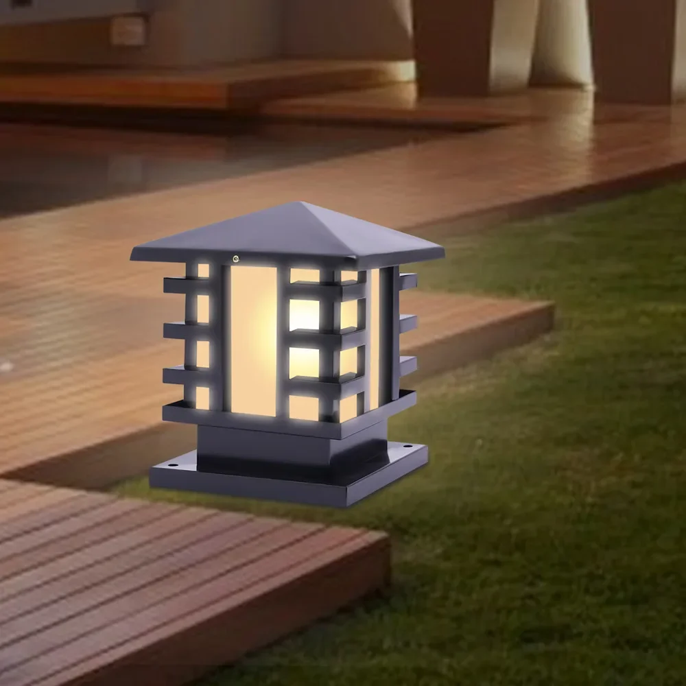 Bymaocar AC 110 V-240V Black Retro Pillar Light Garden Waterproof Patio Yard Gate Post Lamp Outdoor Lighting Fixture 27*23*23cm
