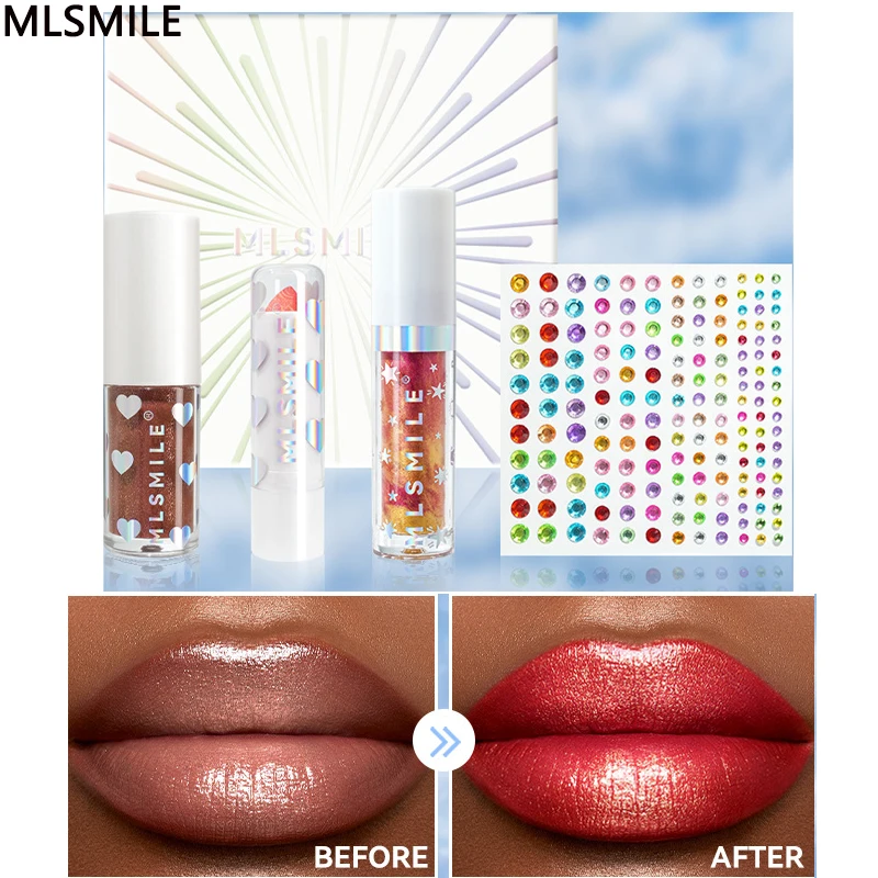 Pearlescent ลิปสติกชุด MLSMILE Face Blusher กันน้ํา Lip GLOSS ผู้หญิงแต่งหน้า Moisturizing Lip Tint ลิปสติกเครื่องสําอางค์