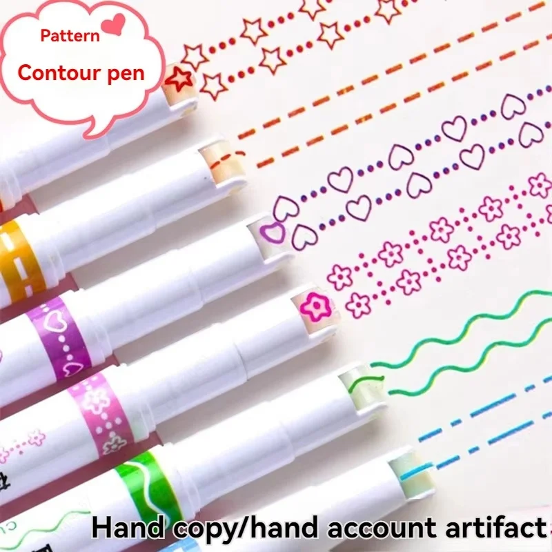

6pcs Flower Line Shape Pen Contour Markers Tip Curve Pen Multicolor Fun Pen Shape Note Drawing Highlighter For School Supplies