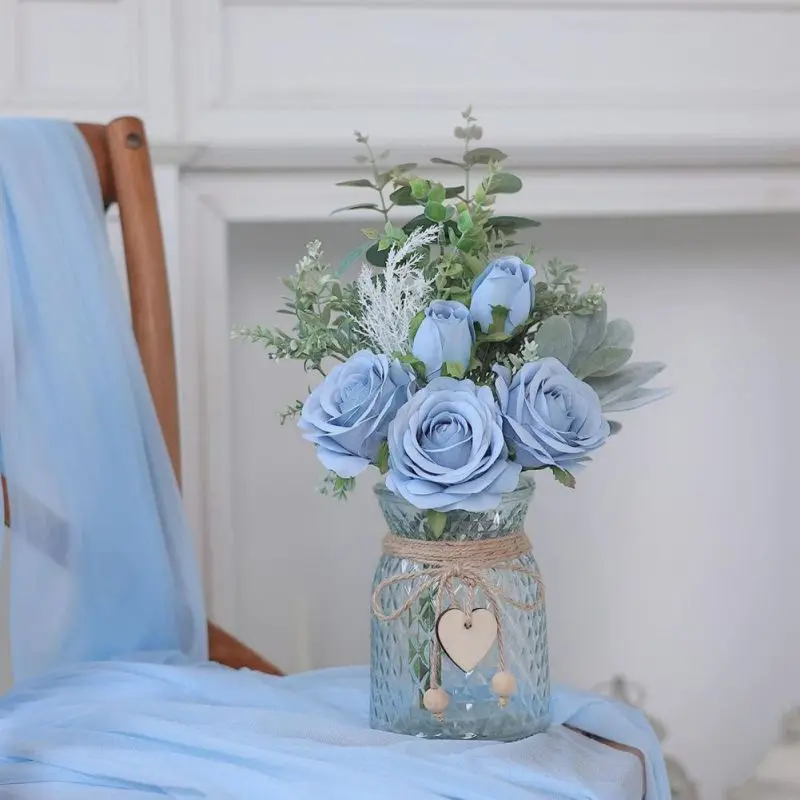 

Artificial Rose Flower With Vase, Fake Plant Eucalyptus Flower Bouquet For Home Wedding Farmhouse Bathroom Table Centerpiece