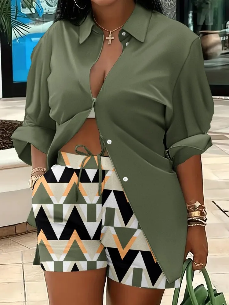 

2025 Summer Women's Printed Suit Lapel Shirt Shorts Two-piece Set Outfits Long-sleeved Button Lace-up Shorts Lady Two-piece Set