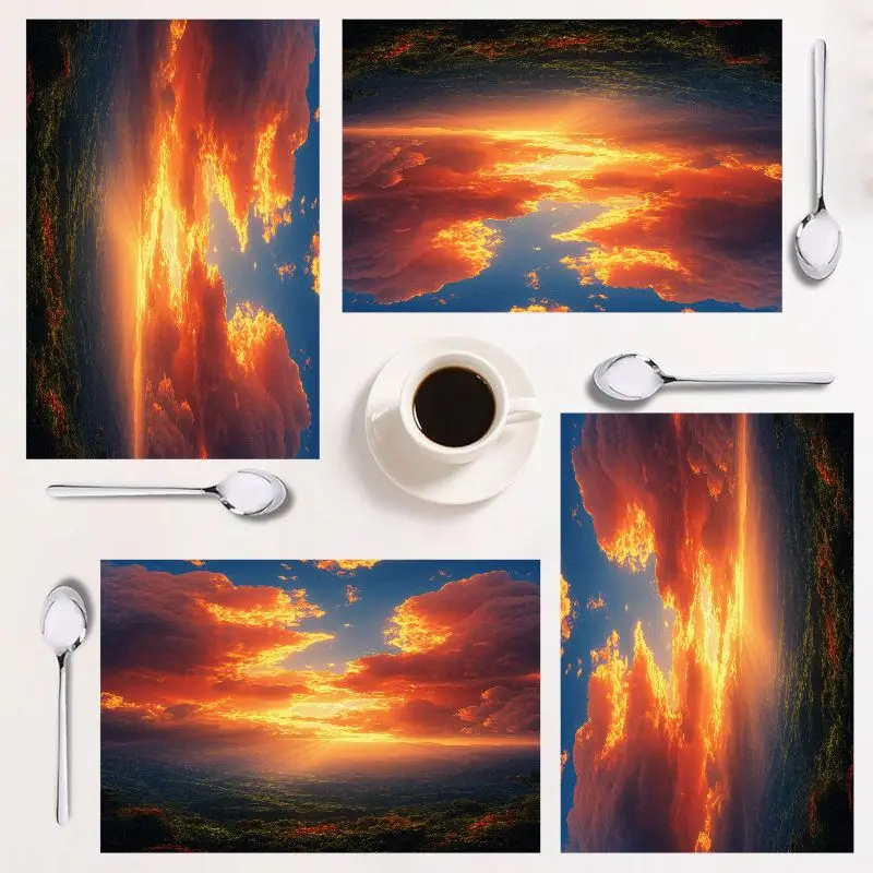 

4-piece placemat set, vibrant sunset design, rectangular, easy to clean, perfect for home dining, festive decor, 12x18 inches.