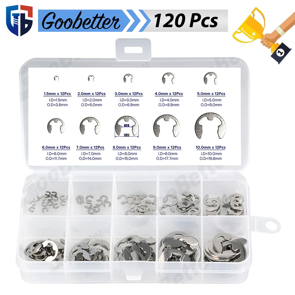 

120Pcs A2 Stainless Steel Retaining Circlip Set 1.5 2 3 4 5 6 7 8 9 10mm E-Clip Snap Washers Assortment Kit for Shaft Fastener