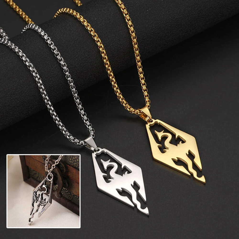 

Elder and Scrolls Dragon Necklace Stainless Steel Game Same Penadnt Necklaces Jewelry for Gamers Fans Gifts