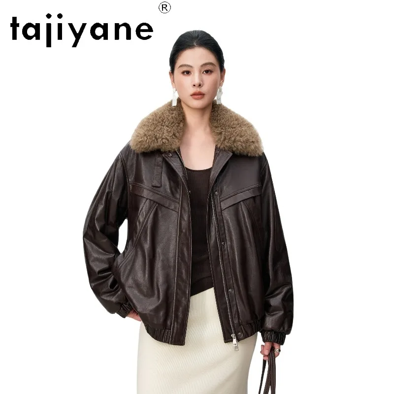 TAJIYANE Goat Fur Collar Genuine Leather Jacket Woman Oil Waxed Sheepskin Leather Coat Camel Wool Filled Jackets for Woman 가죽자켓