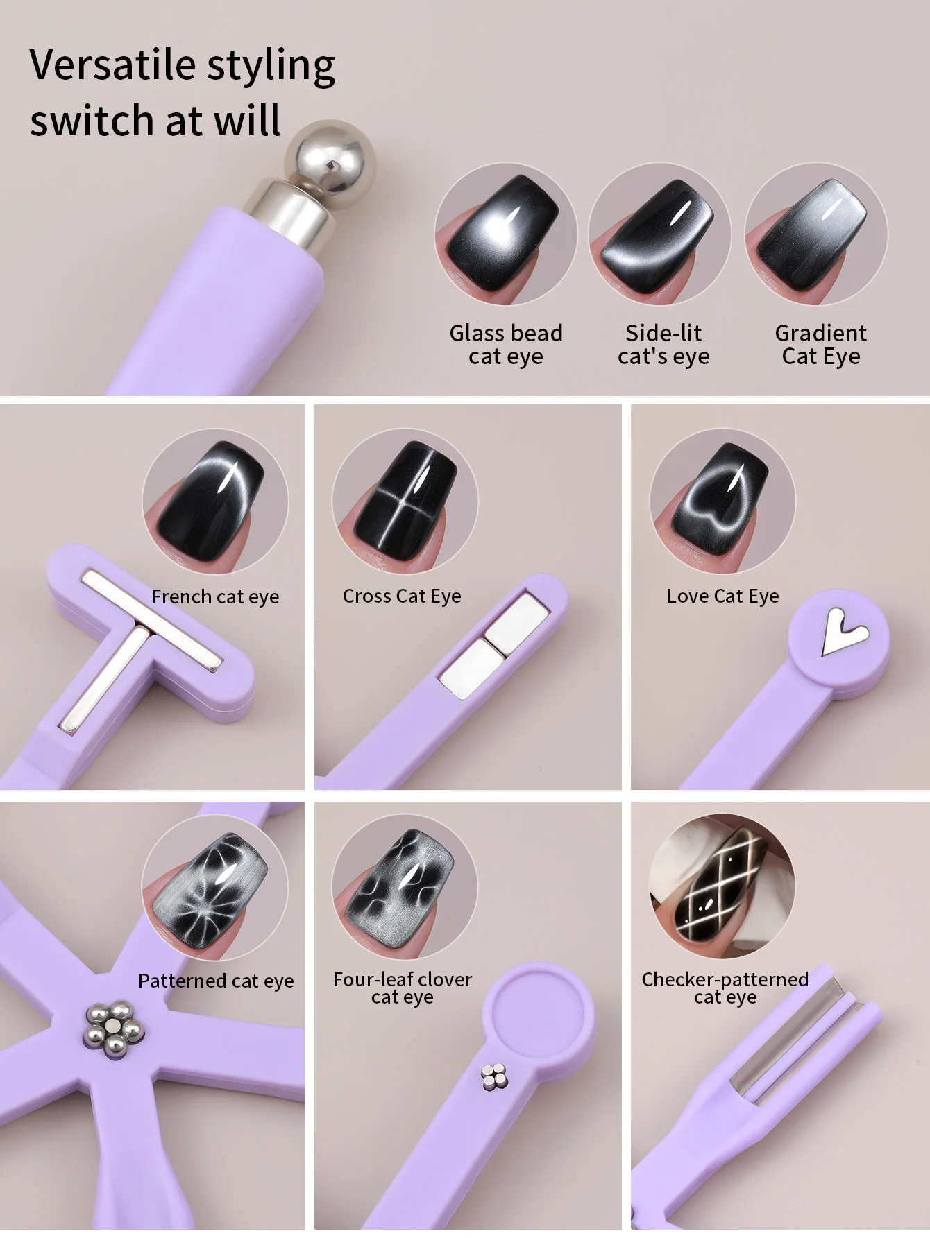 Eight-in-one Purple Nail Art Magnet Multifunctional Glass Beads and Cat's Eye Nail Polish Gel Specially With a Strong Magnet