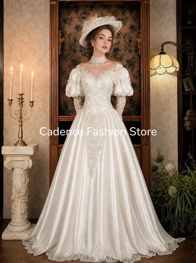Victorian Satin Wedding Gown Puffy Short Sleeves Lace Appliques Off Shoulder Vintage Bride Dress Customized платье свадебное