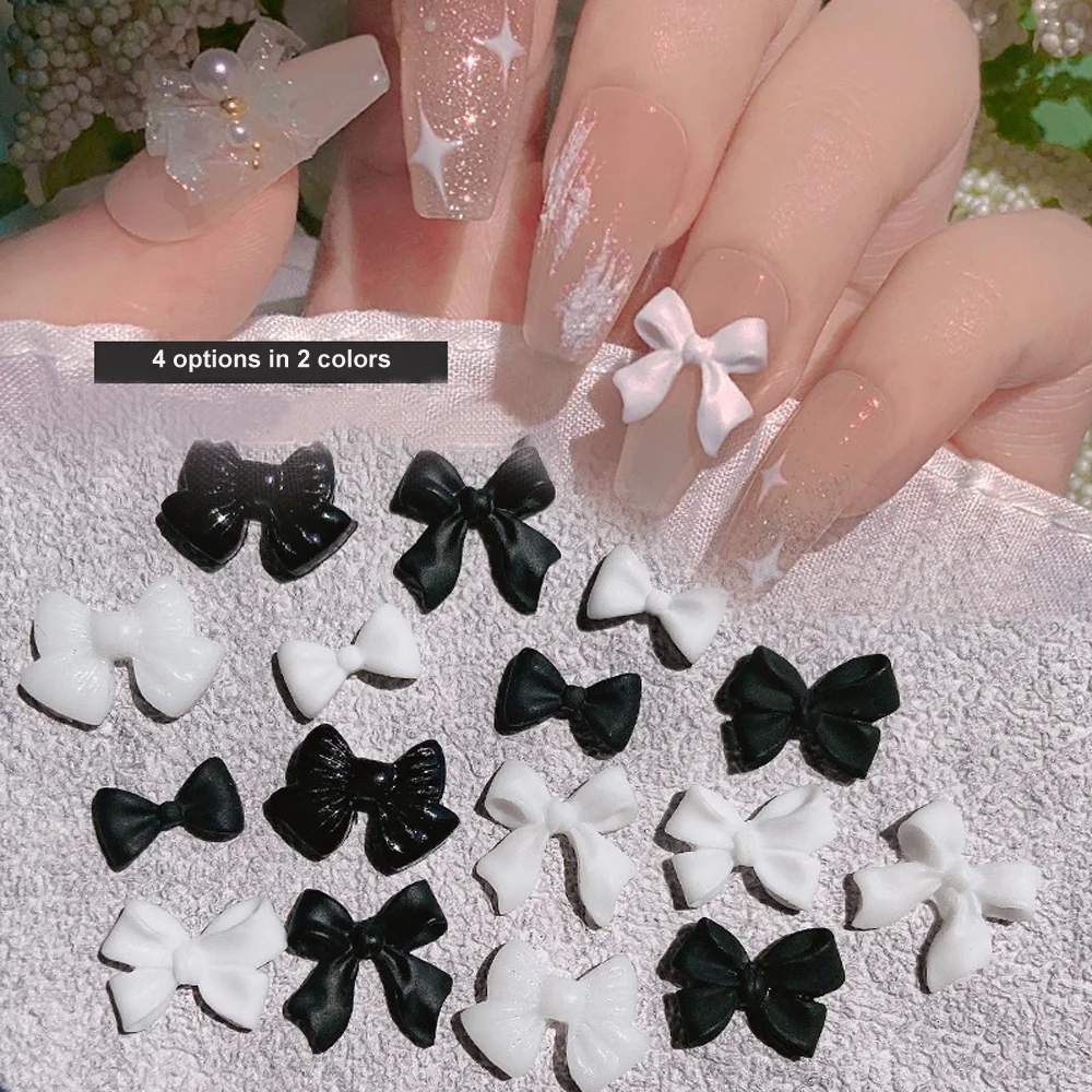 100Pcs Black White Ribbon 3D Nail Art Charms 10*11mm Acrylic Resin Bow-tie Nail Art Jewelry Christmas Kawaii Bow Manicure Parts