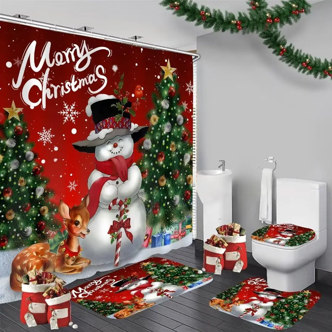 

4Pcs Retro Snowman Shower Curtain Set Winter Bathroom Set with Shower Curtain and Rugs,Christmas Bathroom Decor with Bathroom