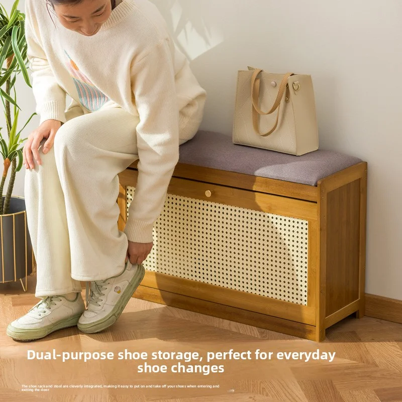 Simple bamboo and wood shoe cabinet, flip bucket storage cabinet, shoe changing bench, bench, rattan breathable shoe cabinet