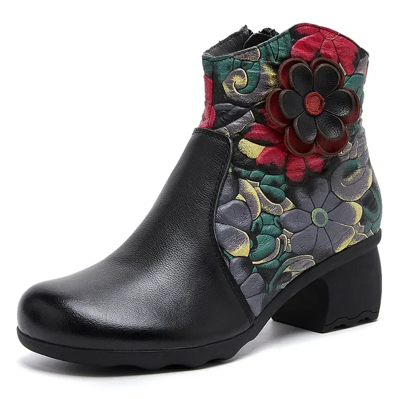 

5CM National Style Printing Thick Heel Ankle Boots For Women Autumn Genuine Cow Leather Mixed Colors Comfort Casual Short Boots