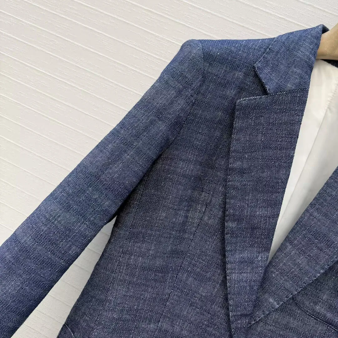 

Blue Cotton Linen azer Jacket Women 2026 New Spring Fashion Elgant Lady Notched Badge Design Pocket Casual Suit Coat