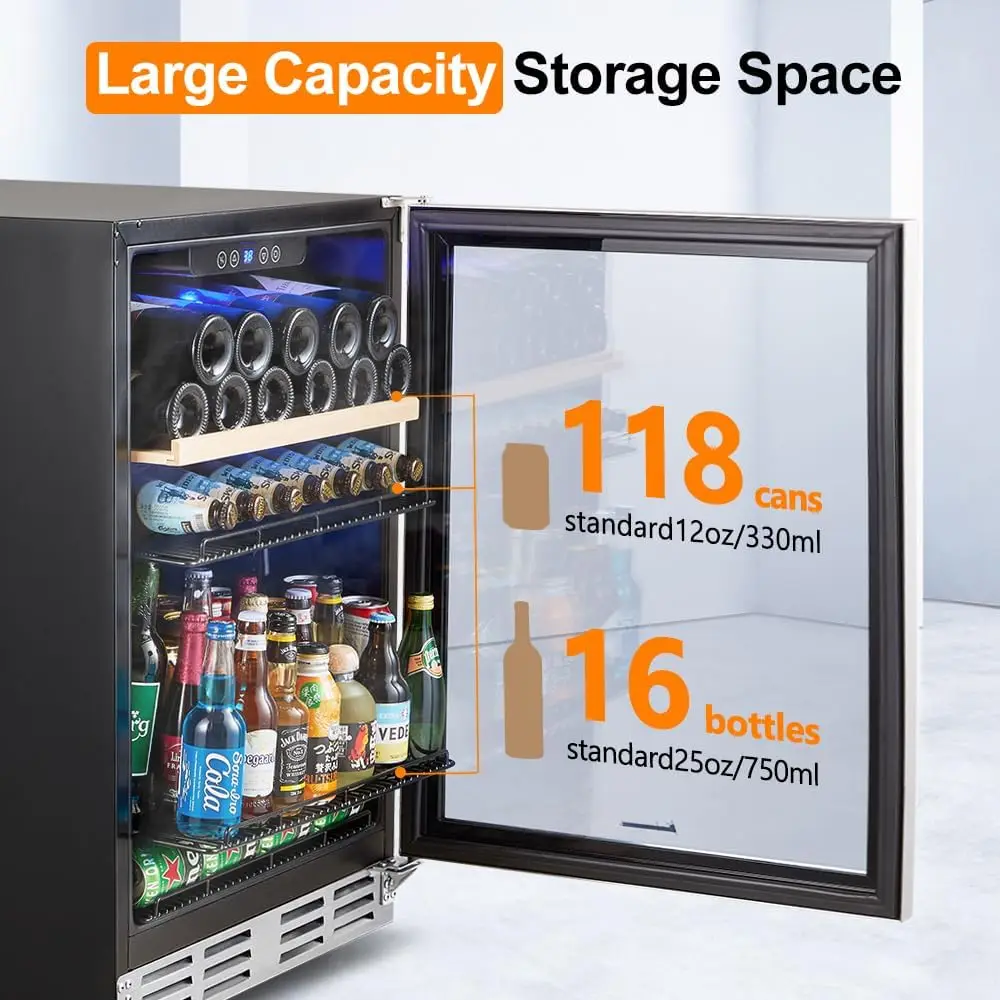 24 Inch Beverage and Wine Cooler Built-in or Freestanding - 120 Cans & 16 Bottles Capacity Wine Refrigerator