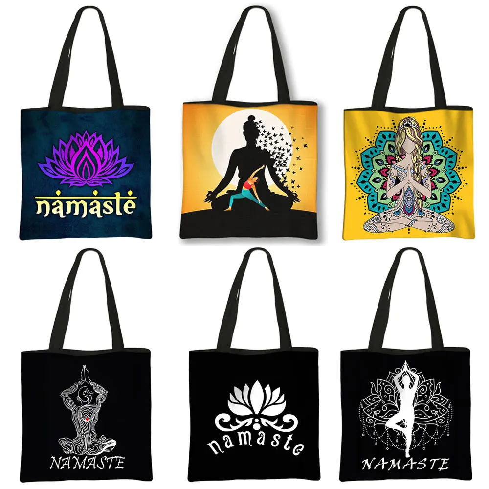 Yoga Namaste Print Shopping Bag Mandala Lotus Women Handbag Large Storage Totes Grocery Bags Ladies Reusable Shopper Bag