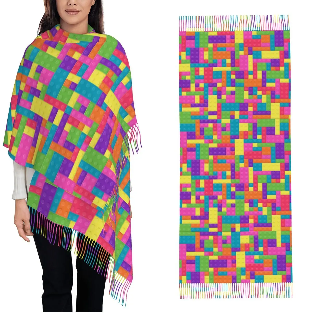 

Фон детского пластикового строительного блока, шарф, женские головные уборы, шарфы с кисточкой, зимние роскошные теплые мягкие Bufanda Mujer